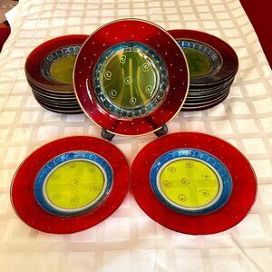 Vintage Pier 1 Holiday Glass Plates – Set of 20 – Festive Red Blue & Green